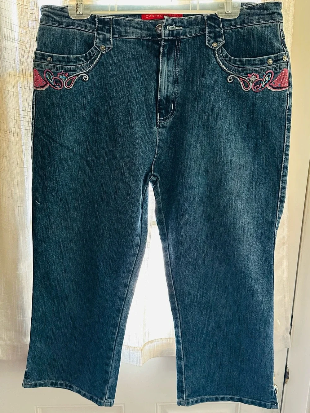 Cosmopolitan Dark Blue Cropped  Jeans with Pink Paisley Embroidery Size 14